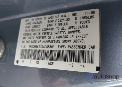 2007 Honda Accord 2.4 Ex из США, поврежденный, VIN 1HGCM56737A065899